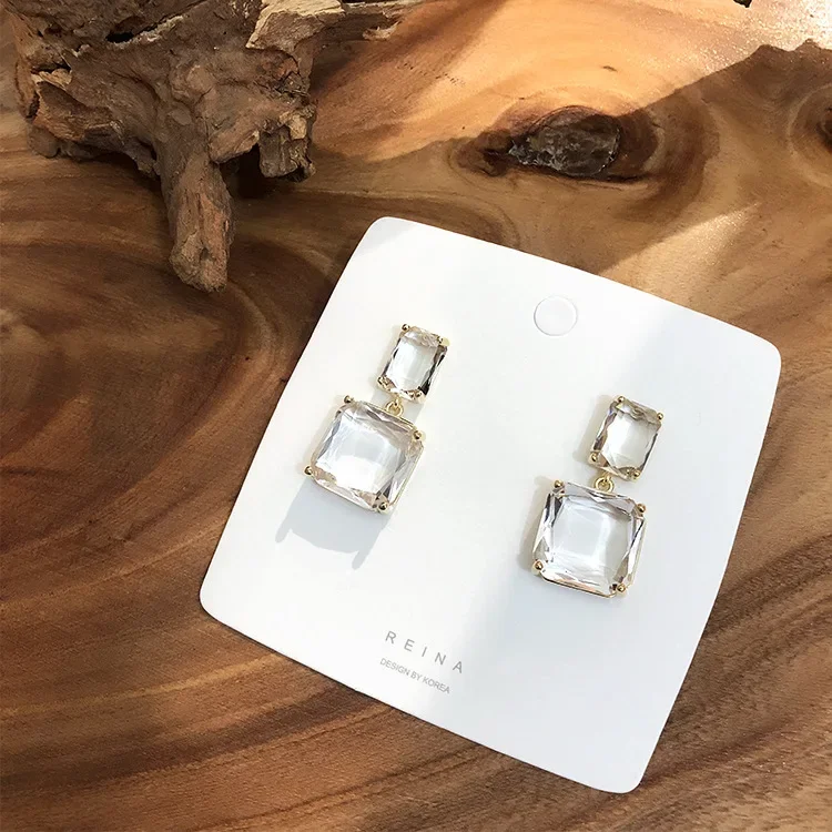 Korean New Design Fashion Jewelry Double Square Earrings Luxury Transparent Glass Crystal Party Earrings for women gift crystal earrings