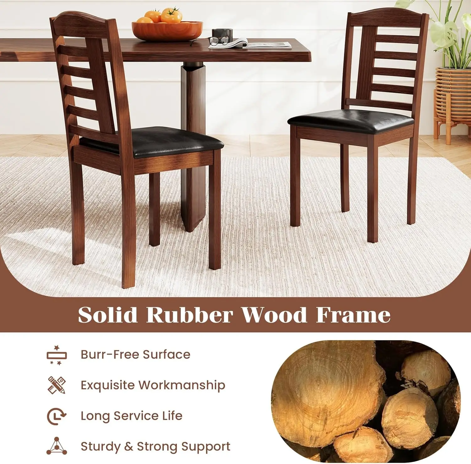 Wooden Dining Chairs Set of 4, Upholstered Kitchen Side Chairs with Faux Leather Padded Seat & Rubber Wood Frame