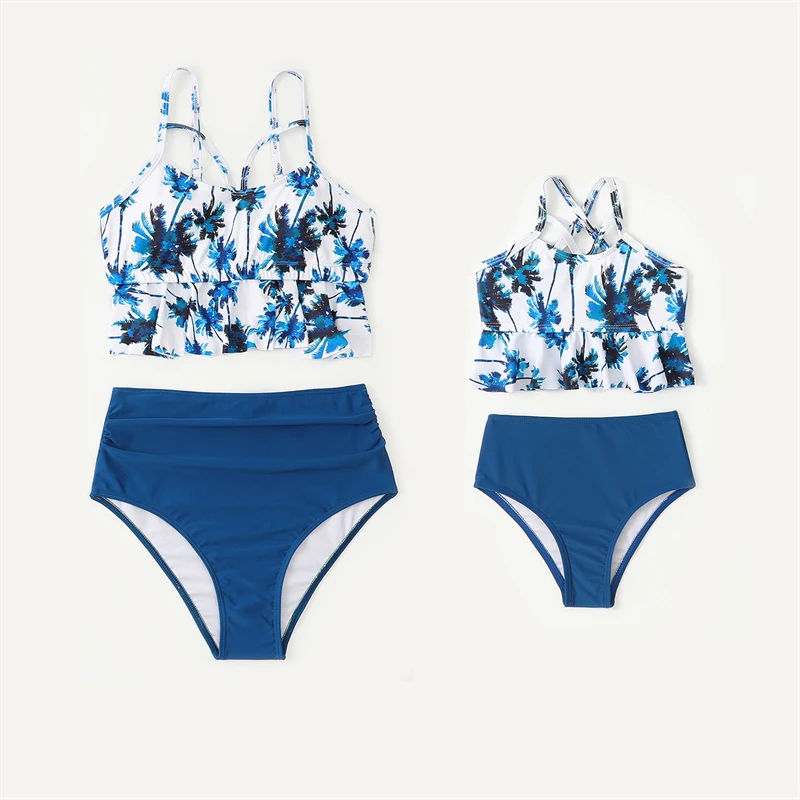 

Plam Tree Mother Daughter Matching Swimsuits Family Set Ruffled Mommy and Me Dresses Clothes HighWaist Women Girls Swimwear 2023
