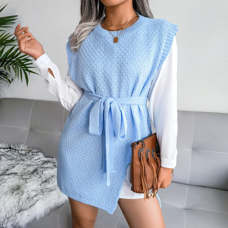 

Autumn and Winter Casual Lace-up Sleeveless Vest Sweater Dress British Style Knitted Dress Lace-up Top vintage sweater women