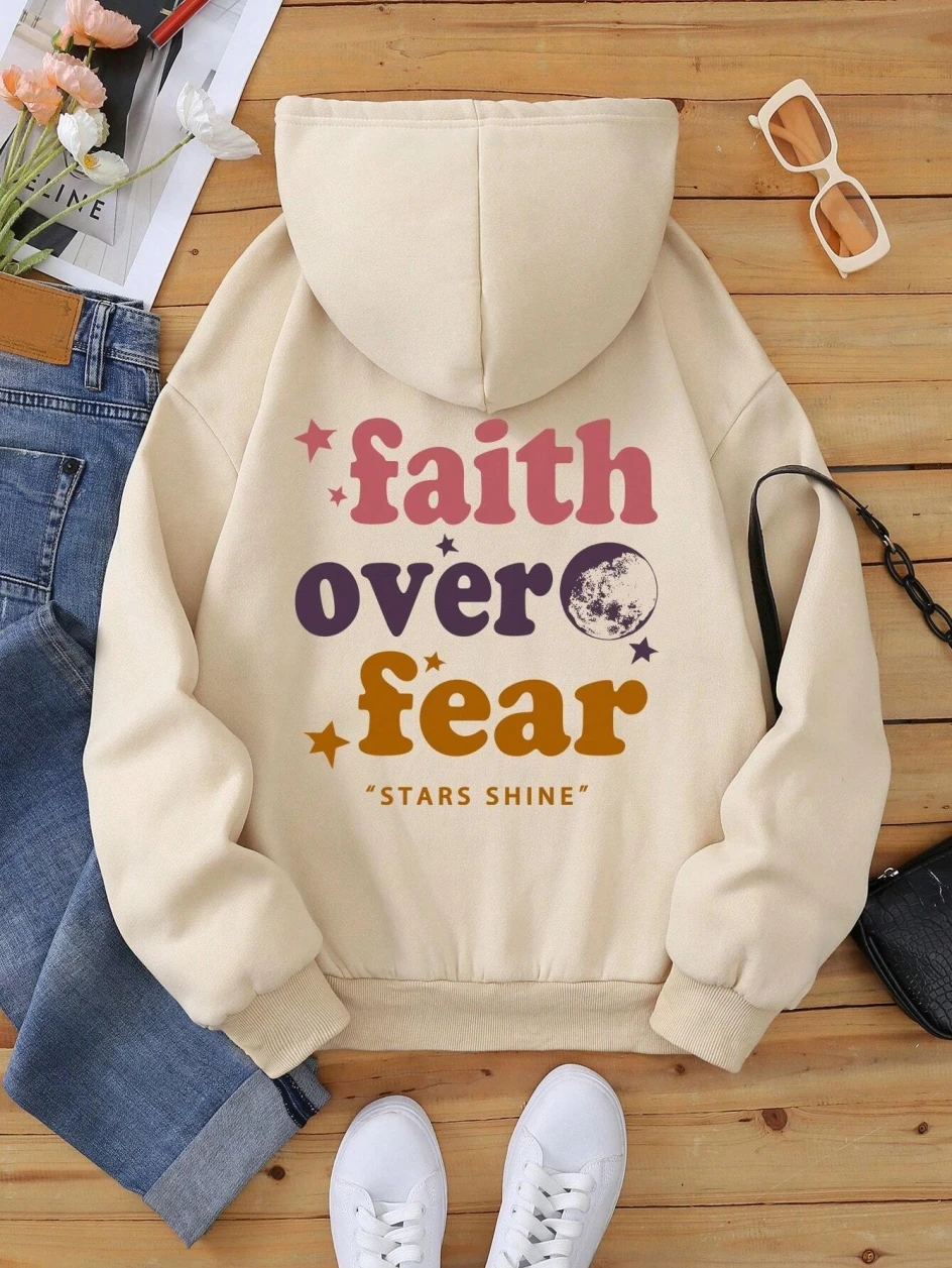 

Faith Over Fear Printed Hoodies Casual Fashion Womens Pullovers Fleece Warm Pocket Sweatshirt Sporty Oversize Street Clothes