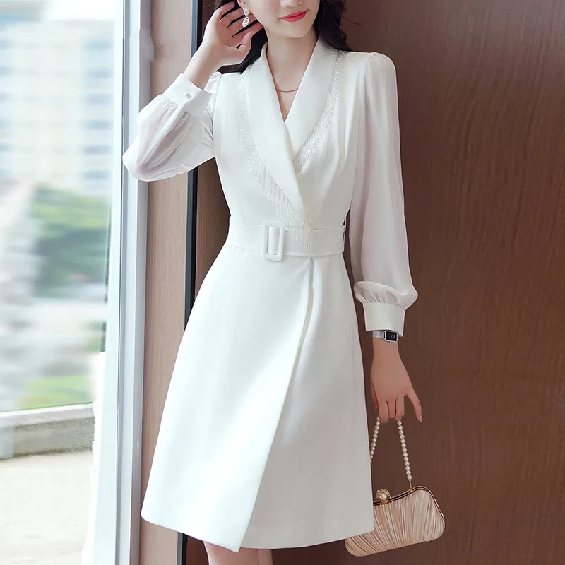 Women's Suit White Premium Windproof Coat 2024 Autumn/Winter New Small Size Women's Mid length Suit Slim Fit Suit Coat