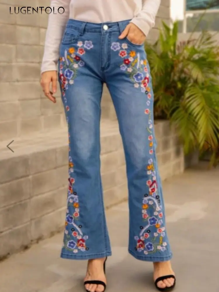 

Women Embroidery Jeans Streetwear Flare Pants Print Large Size Button Lady Washed Mid Waist Slim Do Old Casual Trousers