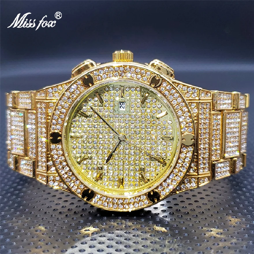 

18K Gold Watch for Big Man Luxo Luxury Classic Auto Calendar Full Moissanite Bracelet Quartz Watches Droshipping Orologio uomo