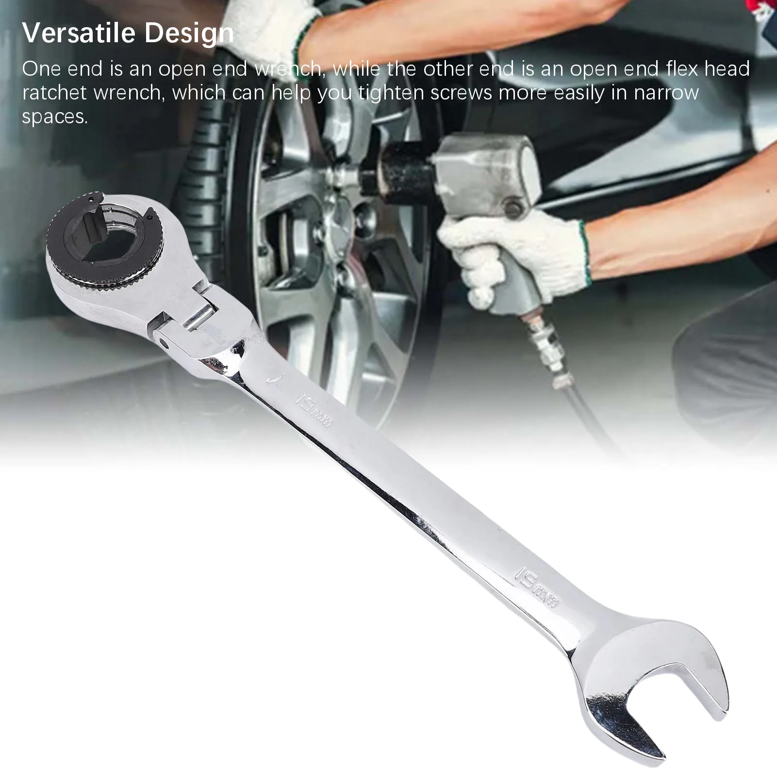Ratcheting Wrench 180 Degree Adjustable Practical Ratcheting Tubing Wrench Flex Head 72 Tooth Open End 19mm for Maintenance