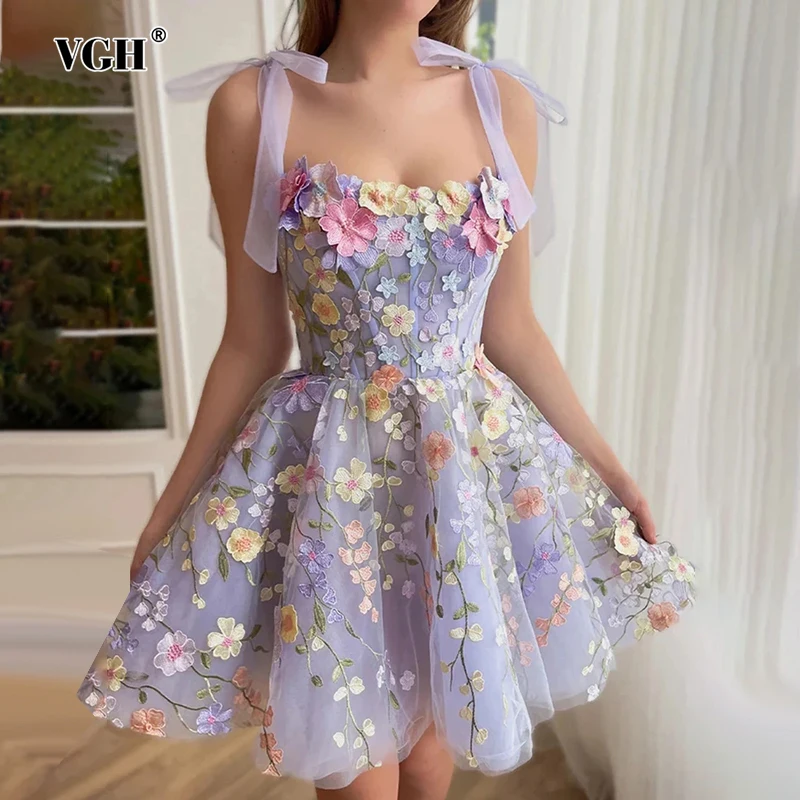 

VGH Hit Color Floral Printing Backless Dress For Women Square Collar Sleeveless High Waist Patchwork Appliques Dresses Female