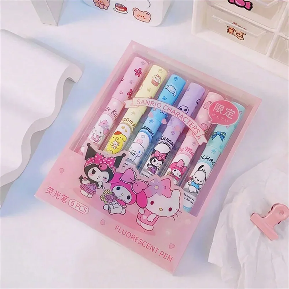 Highlighter Pen 6Pcs Sanrio Hello Kitty Cinnamoroll Set Kawaii Kuromi Melody Art Fluorescent Markers Pens Girls Gifts