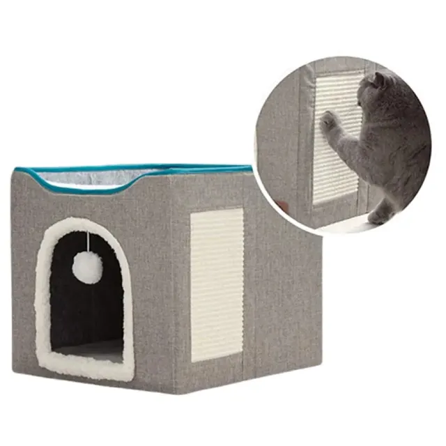 Large Cat Bed with Fluffy Ball Hanging and Scratch Pad Double Layered Foldable Cat Beds for Indoor Cats Sleeping All Seasons 2