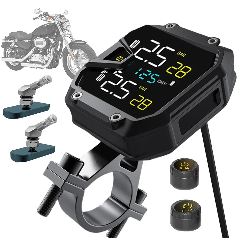 Motorcycle TPMS Tire Pressure Monitoring System with 2 Sensors Motorcycle Tire Pressure Monitoring Alarm System LCD Display