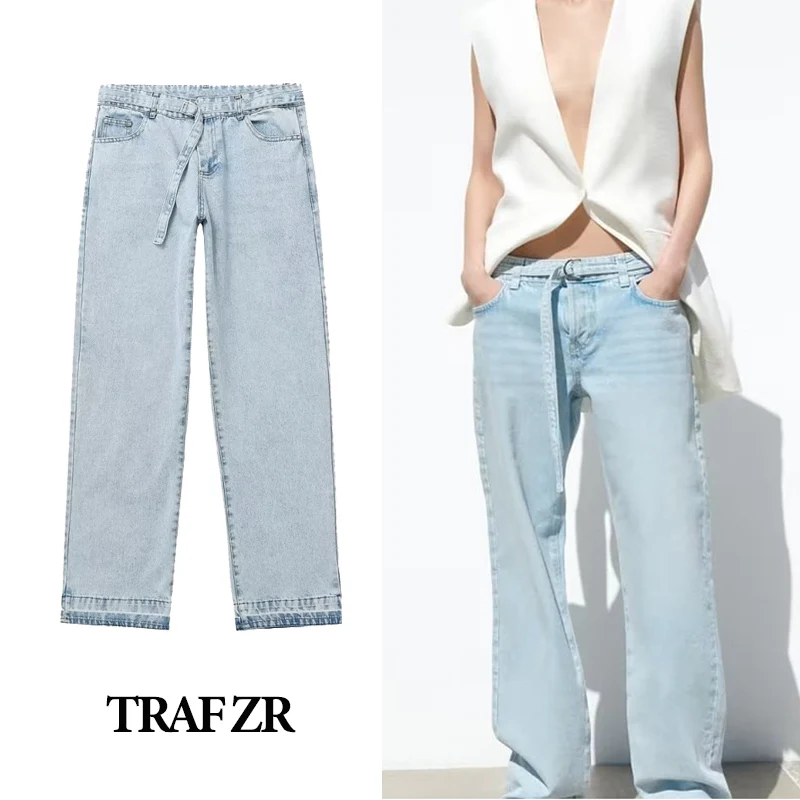 

TRAF ZR Jeans for Women Y2k Light Blue Pants Wide Leg Trouser Women Jeans Ripped Trousers Y2k Streetwear Denim Wide Pants