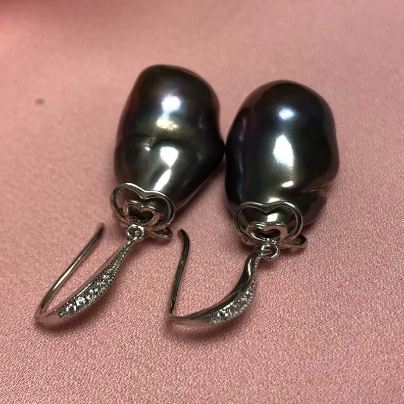 ELEISPL JEWELRY 14x22mm Baroque Black Pearl Dangle Earring Hook #230030-5