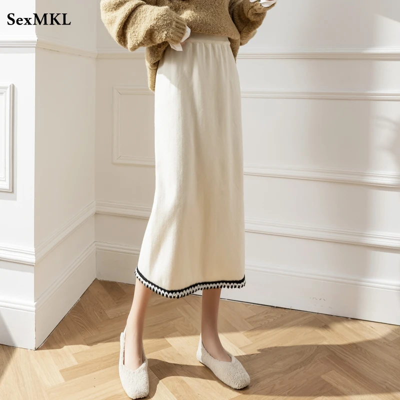 Casual Winter Knitted Black Skirts Women 2022 Fashion High Waist Korean Style Harajuku Skirt Elegant Slim White Mid Length Skirt