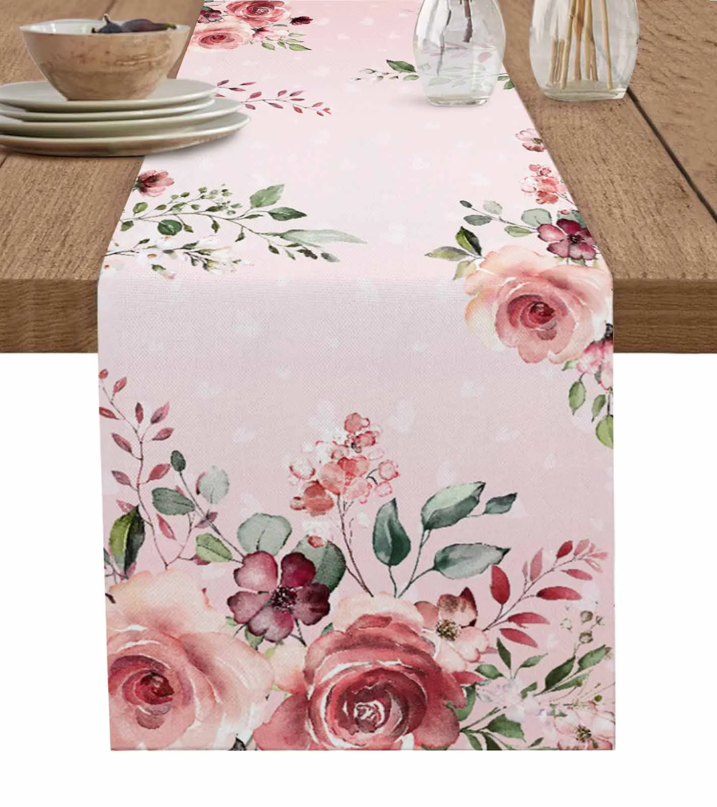 

Valentine'S Day Rose Leaf Plant Flower Pink Table Runner For Kitchen Table Cover Home Decor Tablecloth 4/6 Pcs Placemats