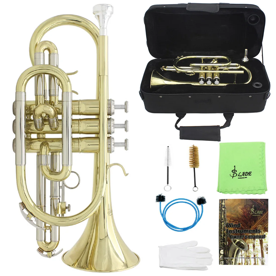 SLADE Pocket Trumpet Brass Bb Gold Lacquer Mini Trumpet with Mouthpiece Case Strap Gloves Cleaning Kit for Students Beginners