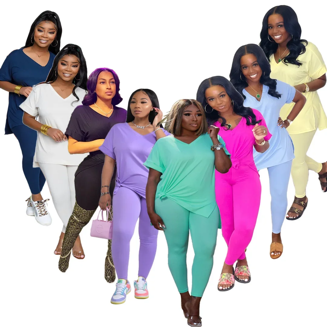 Solid V Neck Casual Loose Long Pant Set 2024 Summer 2 Two Pcs Sets Casual Tracksuits Street Outfits -- Color : Ivory - Size : XL