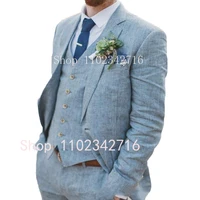 Costume Homme 3 Piece Linen Men Suits 2023 Groom Tuxedo for Wedding Groomsman Summer Beach Male Suit (Jacket+Pants+Vest) Terno 1