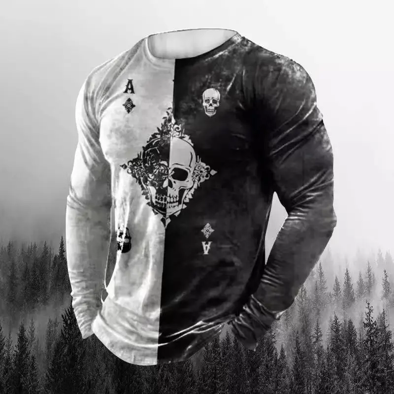 Poker A Print T-Shirt Long Sleeve Winter O-Neck Soft Top Men'S 2022 Fashion Skull Us Vintage Cotton Comfortable Clothes T-Shirt