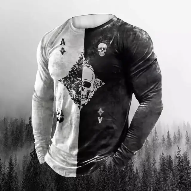 Poker A Print T-Shirt Long Sleeve Winter O-Neck Soft Top Men'S 2022 Fashion Skull Us Vintage Cotton Comfortable Clothes T-Shirt 4