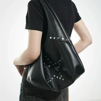 Borsa a Spalla Y2K con Borchie per Donna, Borsa Vintage Nera di Grande Capacità, Borsetta Cool e Trendy