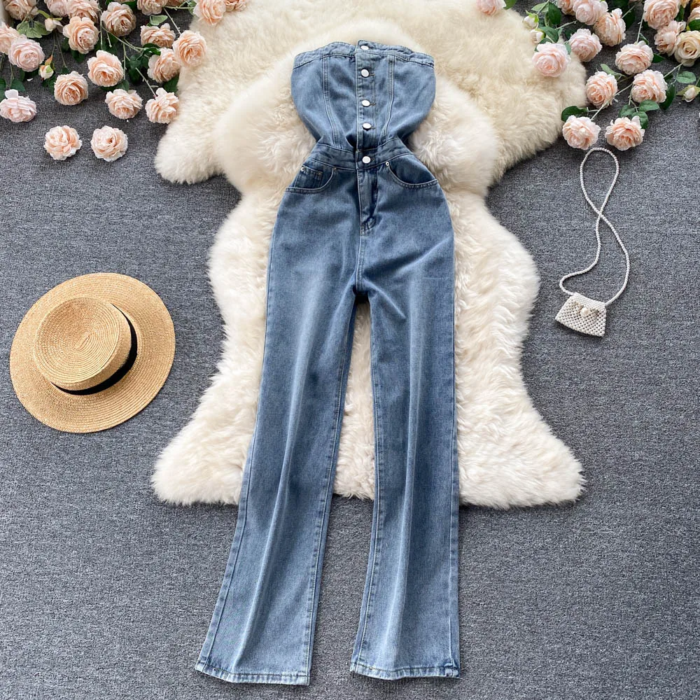 Retro Tube Top Jumpsuit Women's Summer 2023 New Slim Waist Buttons Up Denim Long Pants Overalls Rompers