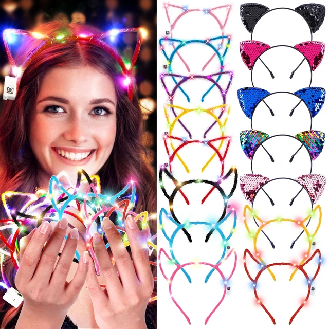 Bandeau de fête oreilles de chat antidérapant, 15 pièces, serre-tête de  fête lumineux Led, décoration de coiffure - AliExpress