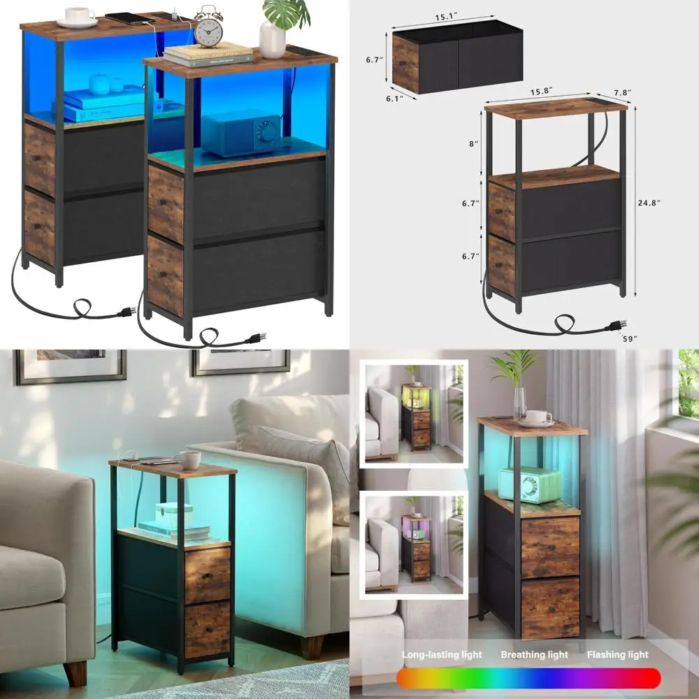 LED End Table with Charging Station, 2 Drawers, Outlets, Nightstand Set, Small Narrow Side Table for Couch, Living Room Furnitur