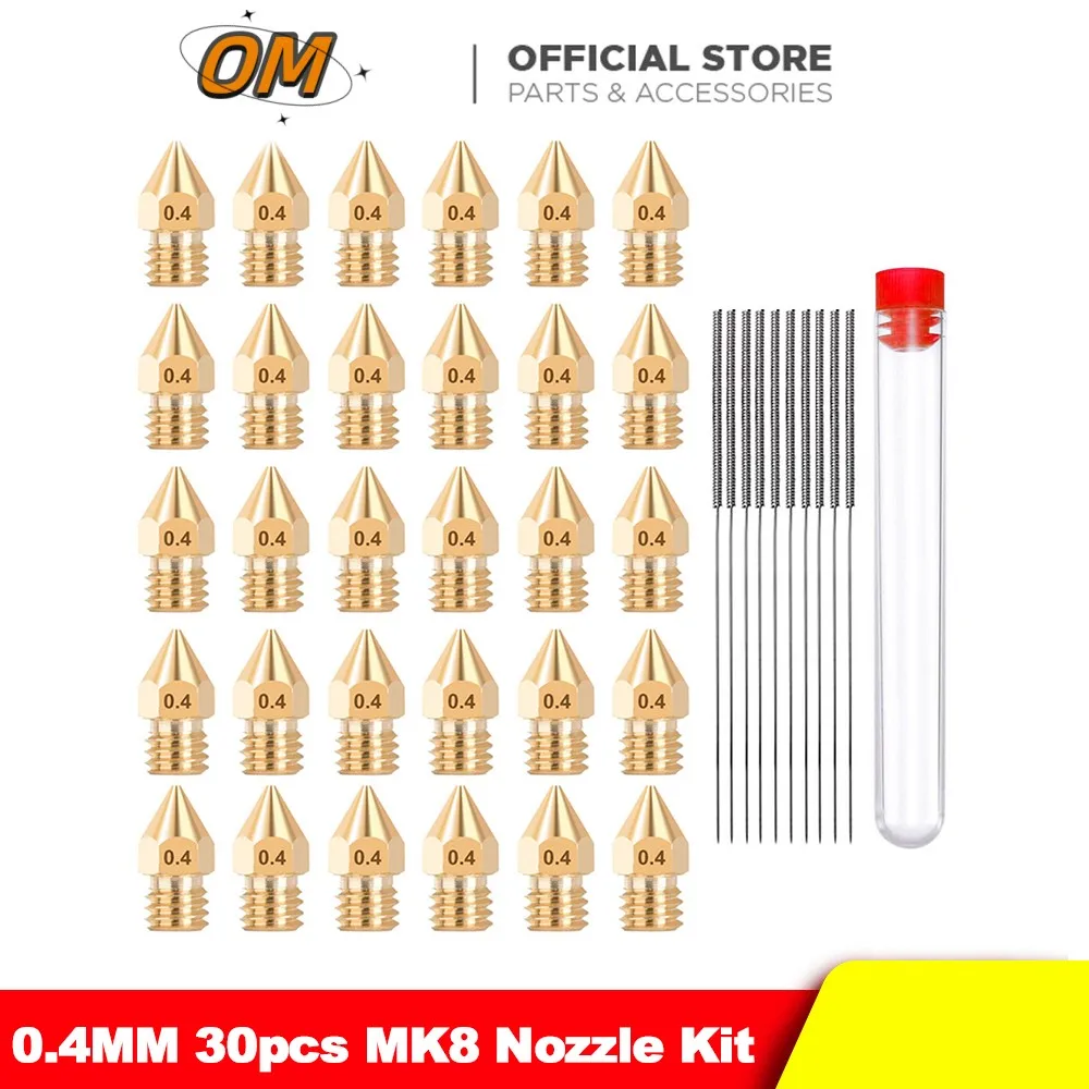 OM 3D Printer Accessories MK8 30pcs Extruder 0.4mm Brass Nozzle 10pcs 0.35mm Cleaning Needles Clean Tool Kit For 3D Printer 32pcs 3d printer nozzle cleaning kit 30pcs nozzle cleaner 0 15mm 0 25mm 0 35mm 0 4mm 0 5mm clean needles tweezers for 3d printer