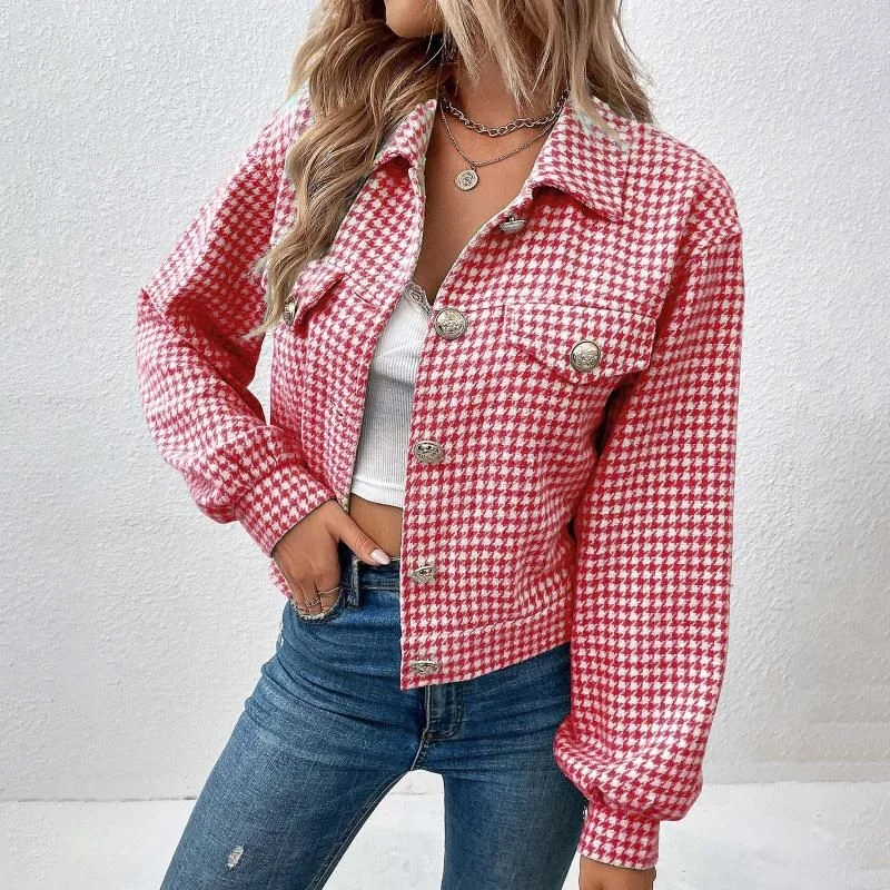 Women's Jackets Jackets Houndstooth Print Flap Detail Bishop Sleeve Jacket Lightweight Fashion