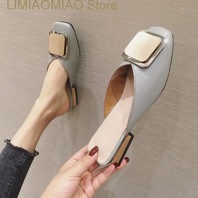New Fashion Designer Women Slippers Slip on Mules Heel Casual Shoes British Buckle Slides Wooden Block Heels Summer Footwear