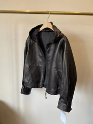 B'C Women's Hooded Leather Jacket Black Oil Wax Sheepskin Coat Female Casual Long Sleeve Top Clothing Very Beautiful