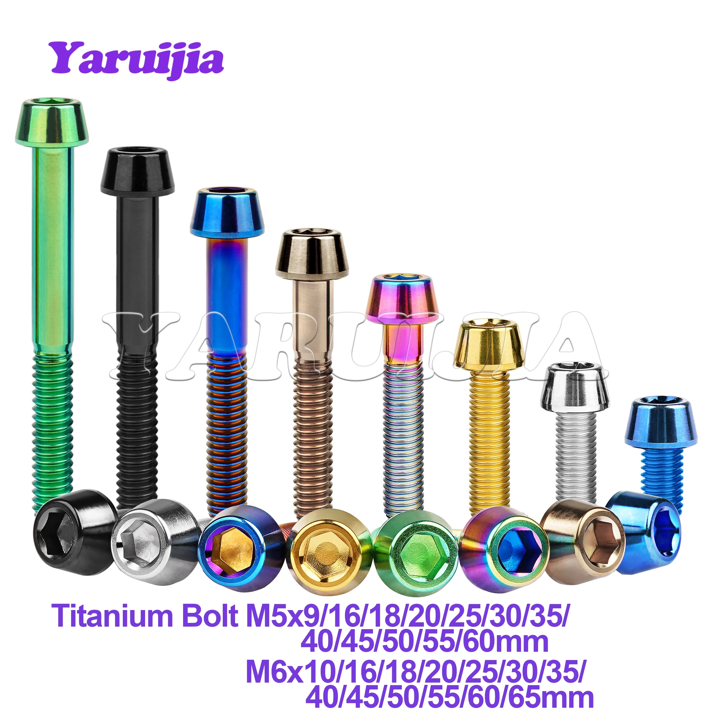 Yaruijia Titanium Bolt M5/M6/M8x9/10/15/16/18/20/25/30/35/40/45~ 65mm Allen Key Taper Head Bolt Screw for Bicycle Headset Brake titanium bolts