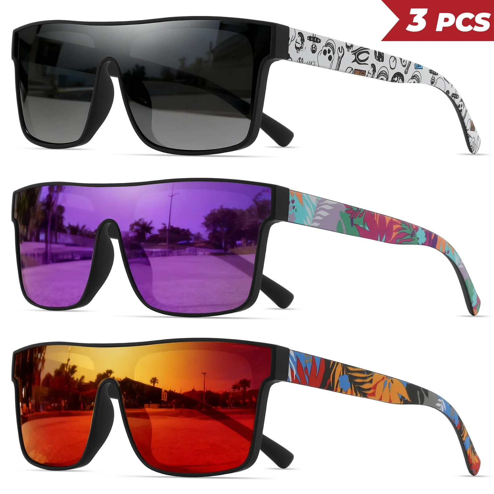 3 Stück klassische quadratische modische Sport-Sonnenbrille – gemusterte Bügel, Unisex für Radfahren, Wandern, Reisen – perfektes Geschenk – Detail 14