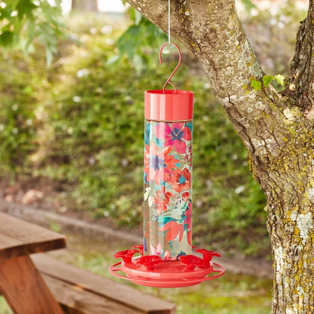 Fresh Floral Decorative Glass Hummingbird Feeder with Ant Moat Perching Ring and Leak Free Flower Ports Bird Watching