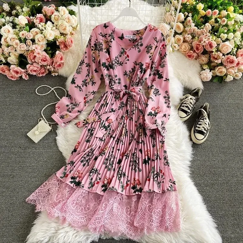 

Женское длинное платье с поясом, элегантное винтажное плиссированное платье составного кроя с цветочным принтом и кружевом, весна-осень 2024