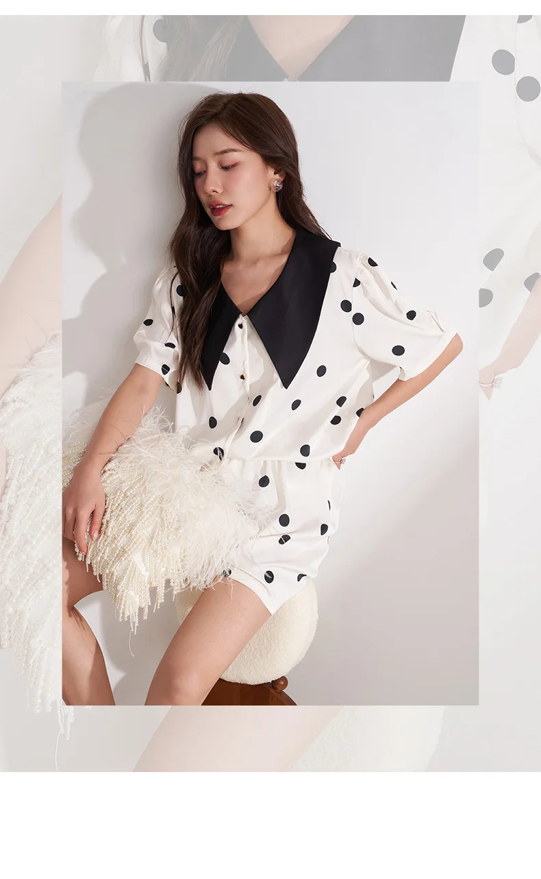CRLAYDK 2023 Summer Polka Dot Pamas Set for Women Satin Silk Button Down Short Sleeve Sleepwear Bride Soft Pj Loungewear_voghion.com