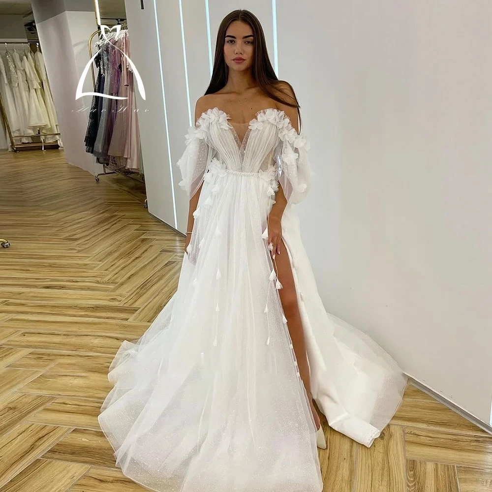 

Haohao сексуальные кружевные свадебные платья с глубоким V-образным вырезом и аппликацией с открытой спиной сердечком с открытыми плечами с высоким разрезом фатиновое свадебное платье на заказ