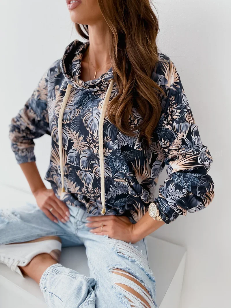 FashionPrinted Loose Bat Sleeve Long Sleeve Ladies Straight Casual Loose Hooded Sweater Pullover Sweatshirt Harajuku Korean Top