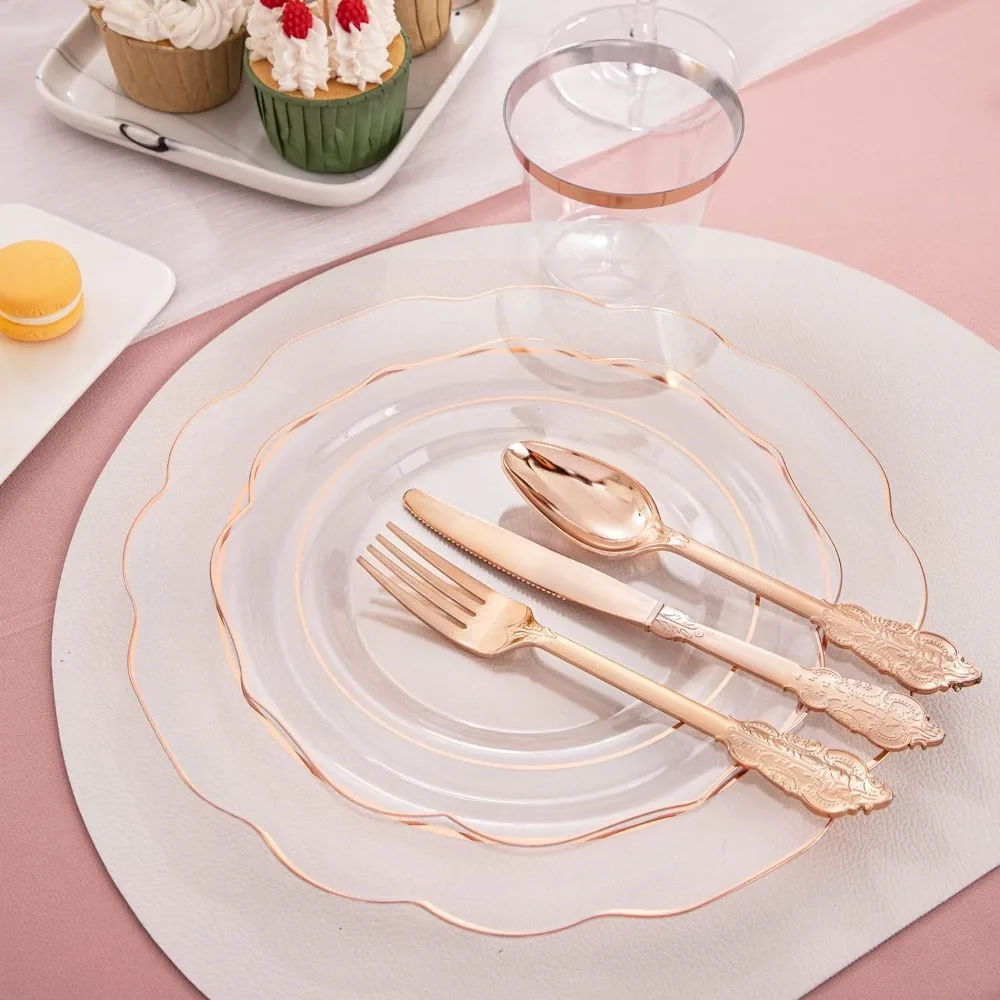 NOCCUR 350pcs Rose Gold Plates-Disposable Pre Rolled Napkin and Rose Gold Plastic Silverware-Clear Rim Plastic