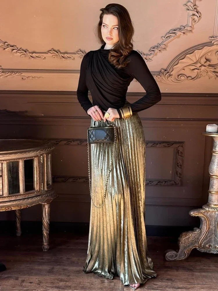 Temperament Elegant Women 2-piece Long Sleeve Pressure Pleated Top Halter Level Ankle Court Banquet Premium Sense female Sets