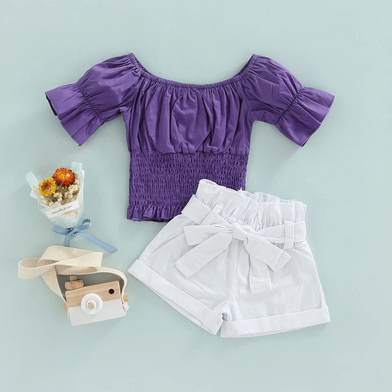 

Girls Summer Three-Piece Outfits, Solid Color Short Sleeve Pleated T-Shirt + Ruffled Short Pants + Decorative Waist Belt 6 M-4 Y