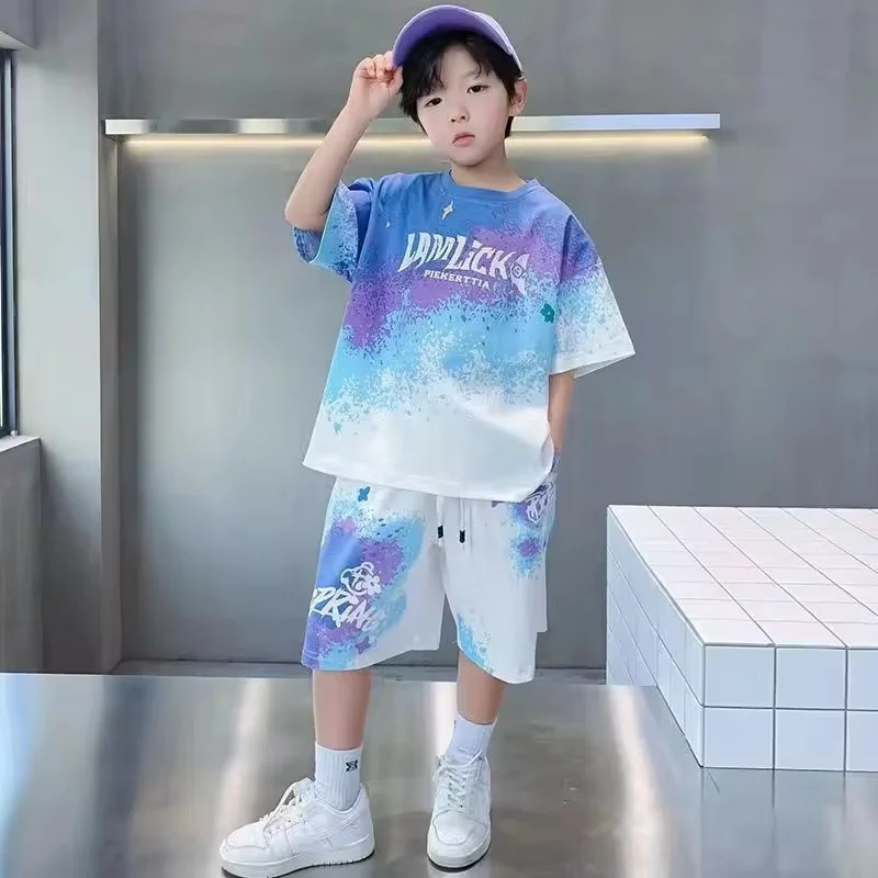Teenager-T-Shirts, Kleidungssets, Sommer, Jungen, Farbverlauf, Kurzarm-Tops + Shorts, 2-teilig, große Kinder, Freizeitanzüge, Kinder-Druck-Outfits