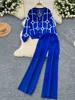Basics Print Knit Two Pieces Sets Autumn Winter Single Breasted Cardigan+Wide Leg Long Pants Fashion Streetwear Suits 3