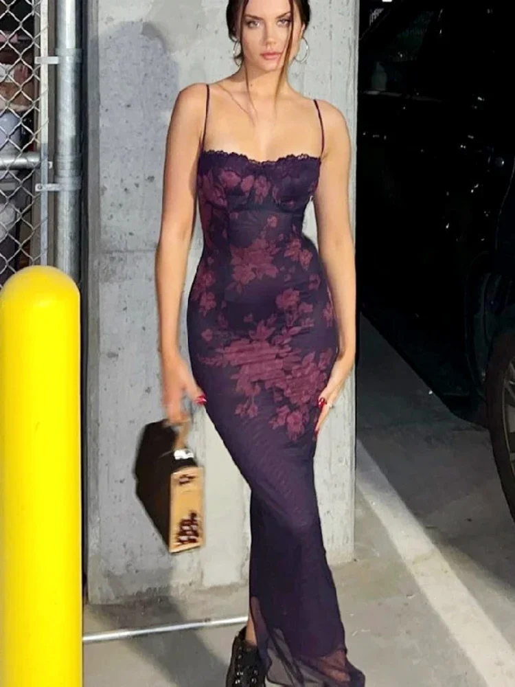 

Summer Lace-Up Slit Streetwear Purple Floral Bodycon Dress Printed Vintage Midi Sexy Dress High Waist Sleeveless Women Clothing