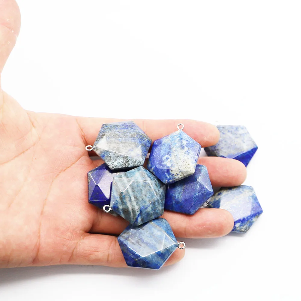 Good Quality New Natural Stone Lapis Lazuli Hexagon Faceted Necklace Pendants Charms Jewelry Accessories Making Wholesale 6Pcs