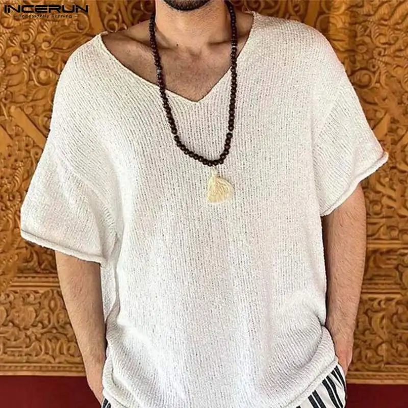 

Summer Casual Tops INCERUN Handsome Men's Knitted V-neck Well Fitting T-shirts Male Solid Color Short Sleeve Camiseta S-5XL 2023