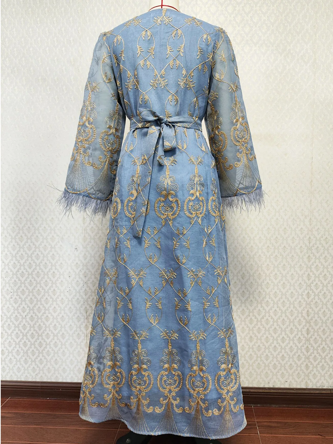 Muslim Ramadan Ethnic Floral Embroidery Beading Feathers Patchwork Long Sleeve V-Neck Dress With Sashes Djellaba Abaya
