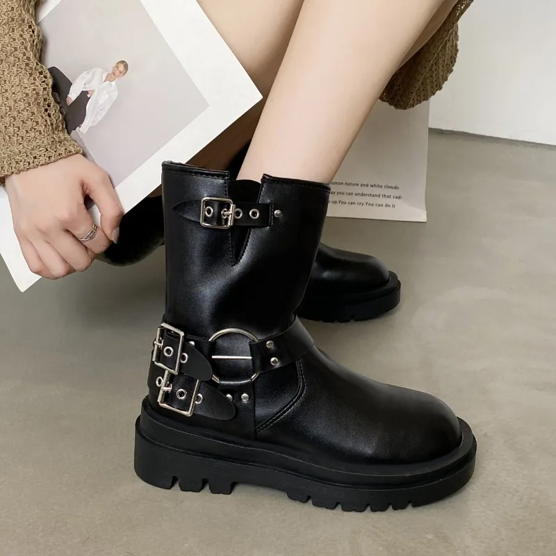 

New Autumn Winter Thick High Heels Women Ankle Boots Hot Punk Gothic Knee High Motorcycles Boots Buckle Comfy Walking Boots