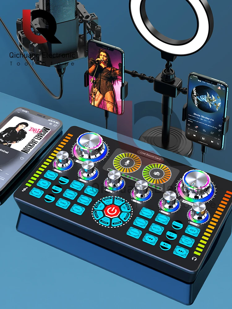 1PC Q7 가라오케 팟 캐스트 홈 스튜디오 기록 방송 마이크 믹서를 위한 최신 전문 휴대용 블루투스 사운드 카드