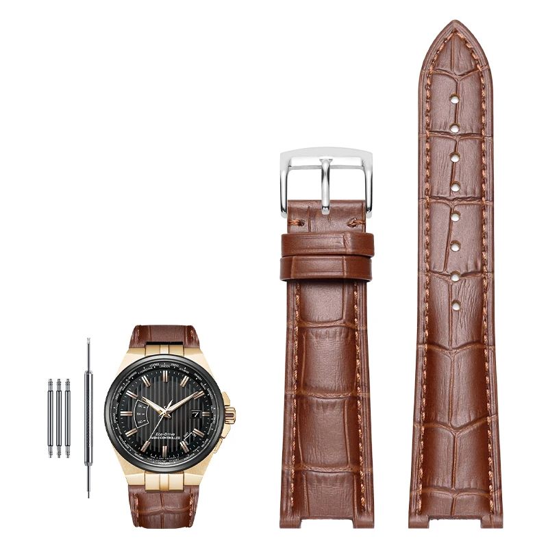 Genuine Leather Notched Watchband for Men's Watches, 24x13mm
