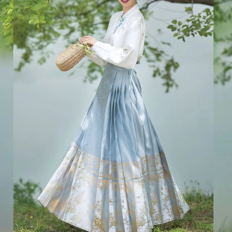 Spring Autumn New Chinese Style Sets White Embroidered Long Sleeve Lacing Cardigan and Vintage Printing Pleated A-line Skirt